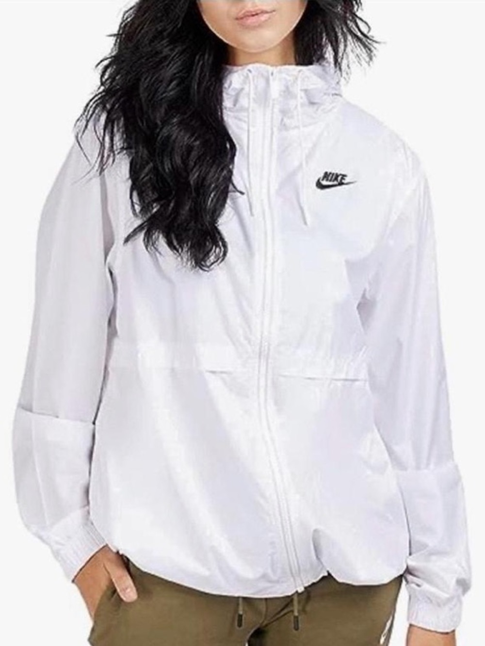 Nike White Hooded Zip-Up Windbreaker with Black Logo